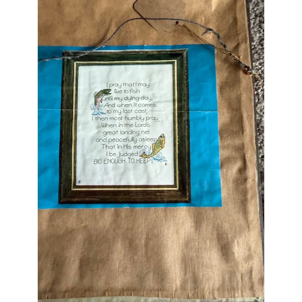 Vintage 1982 Fisherman's Prayer Cross Stitch Framed Art Trout Fishing Decor 8x10
